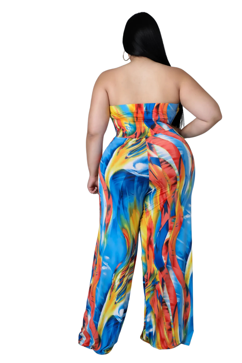 Final Sale Plus Size Strapless Jumpsuit with Waist Tie in Multi Color Print