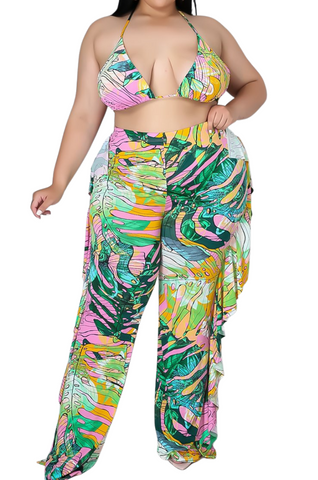 Final Sale Plus Size 3pc Poolside Playsuit (Bikini Top, High Waist Bottoms & Pants) Set in Pink & Green Print