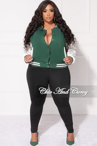Final Sale Plus Size Plain Varsity Jacket in Green and White