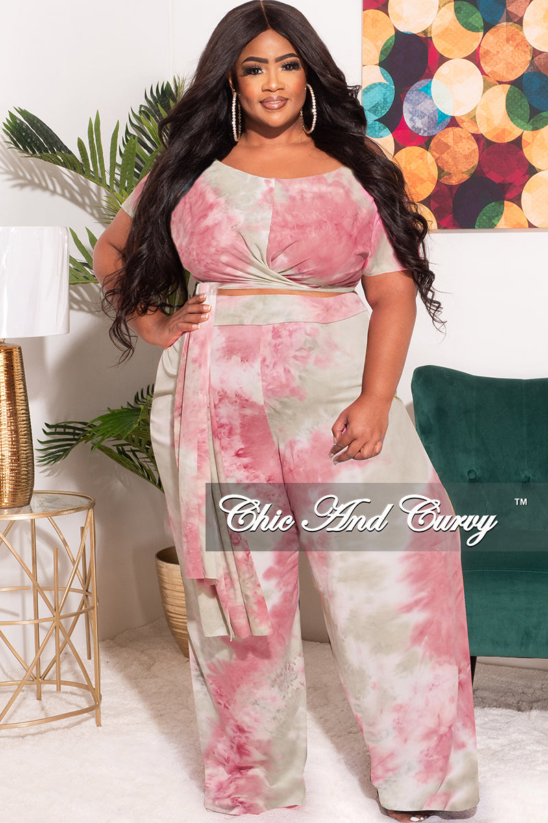 Final Sale Plus Size 2pc Short Sleeve Tie Top and Pants Set in Mauve and Grey Tie Dye Print