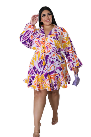 Final Sale Collar Button Up Babydoll Dress in Yellow & Purple Multi Color Print