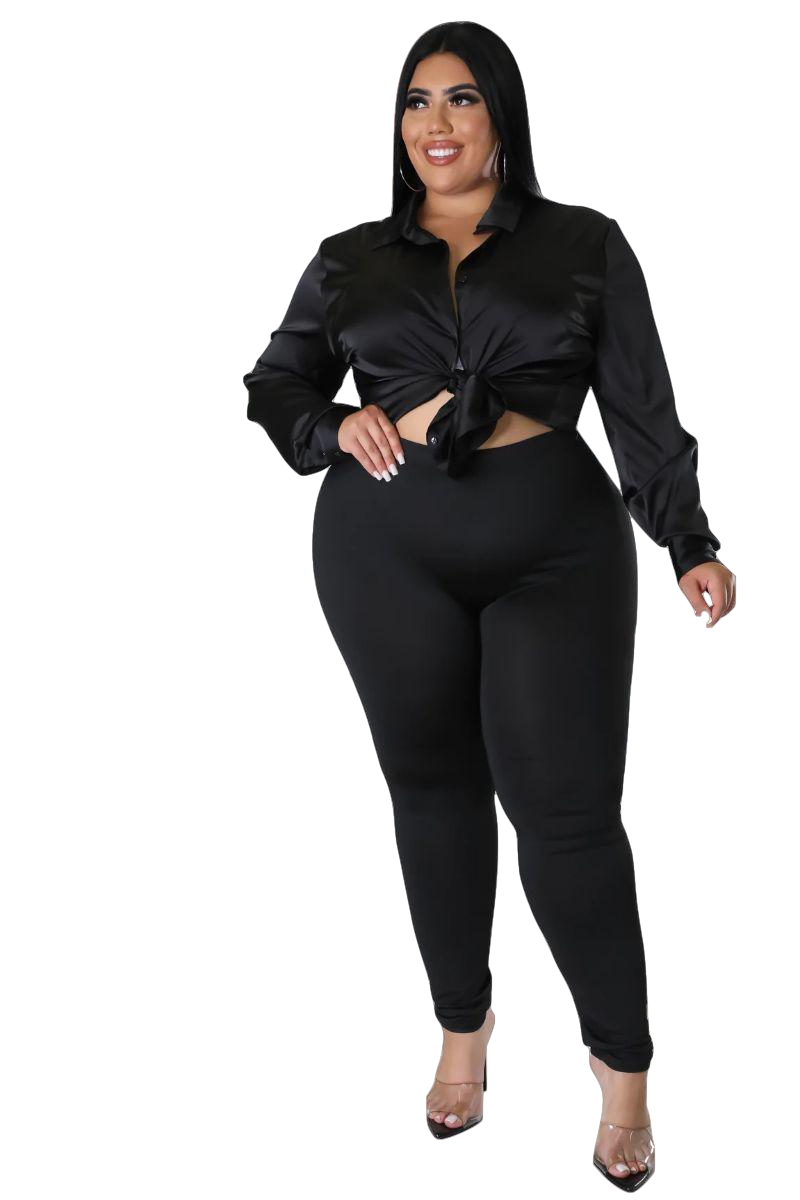 Final Sale Plus Size 2pc Button Up Collar Top and Pants Set in Black
