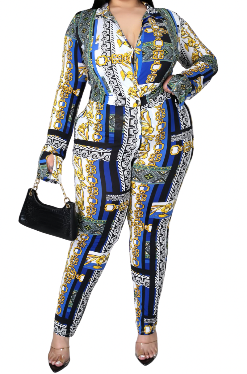 Final Sale Plus Size 2pc (Bodysuit & Pants) Set in Blue Gold Print