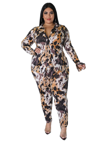 Final Sale Plus Size 2pc Button Up Collar Top and Pants Set in Brown Black White and Gold Spot Print