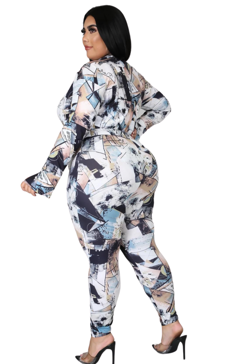 Final Sale Plus Size 2pc (Bodysuit & Pants) Set in Navy, Black & Tan Artist Print