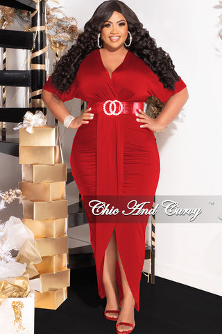 Final Sale Plus Size Short Sleeve Wrap Over BodyCon Dress with Ruched Sides in Red