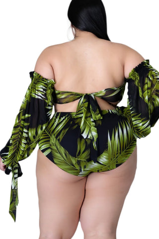 Final Sale Plus Size 3pc Playsuit Set in Navy with Olive Tropical Palm Print