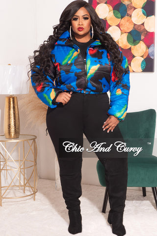*Final Sale Plus Size Shiny Crop Puffer Jacket in Royal Blue Black Red and Green