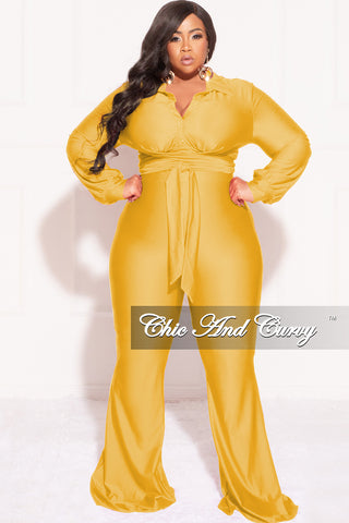 Final Sale Plus Size Shiny 2pc Collar Button Up Crop Tie Top and Bell Bottom Pants Set in Yellow