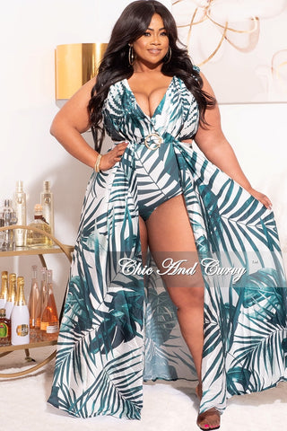 Final Sale Plus Size Playsuit with Open Back & Train in Green/White Palm Print