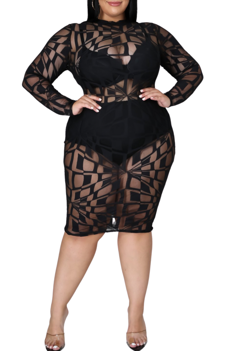 Final Sale Plus Size Sheer Square Print Mesh Bodycon Dress in Black