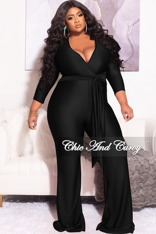 Final Plus Size Faux Wrap 3/4 Sleeve Shiny Jumpsuit in Black