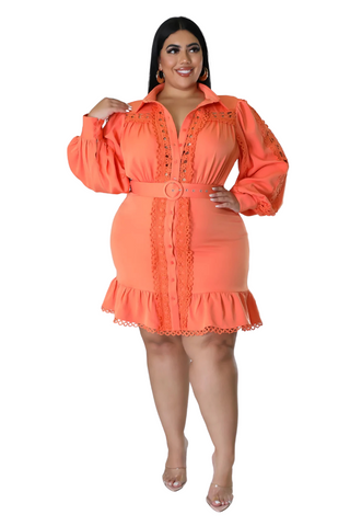 Final Sale Plus Size Collar Button Up Dress with Ruffle Bottom in Orange