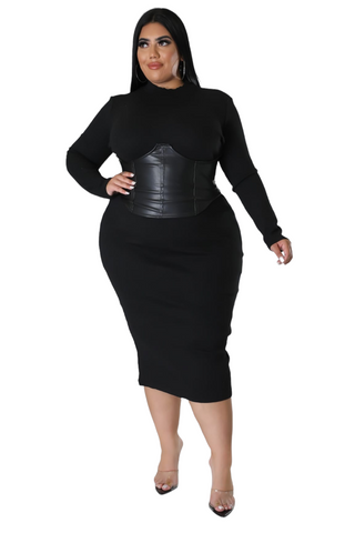 Final Sale Plus Size Faux Leather Corset Waist Midi Dress in Black