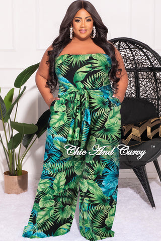 Final Sale Plus Size Strapless Jumpsuit with Waist Tie in Green & Turquoise Palm Print