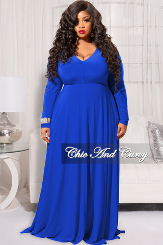 Final Sale Plus Size Long Sleeve Gown with V-Neck in Royal Blue