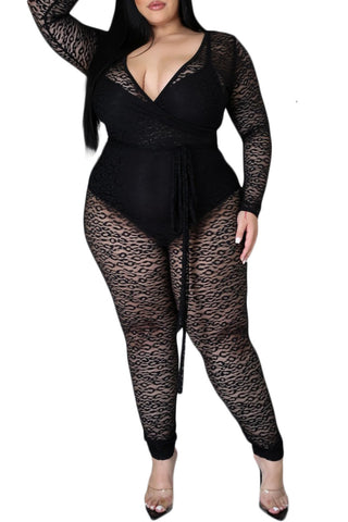 Final Sale Plus Size Long Sleeve Faux Wrap Jumpsuit with Attached Tie in Black Lace
