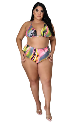 Final Sale Plus Size  3pc Poolside Playsuit (Bikini Top, High Waist Bottoms & Pants) Set in Pink, Grey, & Yellow Print