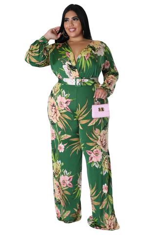 Final Sale Plus Size Faux Wrap Jumpsuit with Waist Tie in Olive & Pink Floral Print
