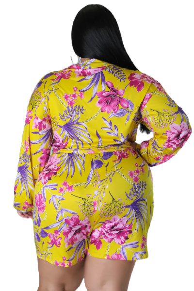 Final Sale Plus Size 2pc Crop Top & Bermuda Short Set in Yellow Floral Print