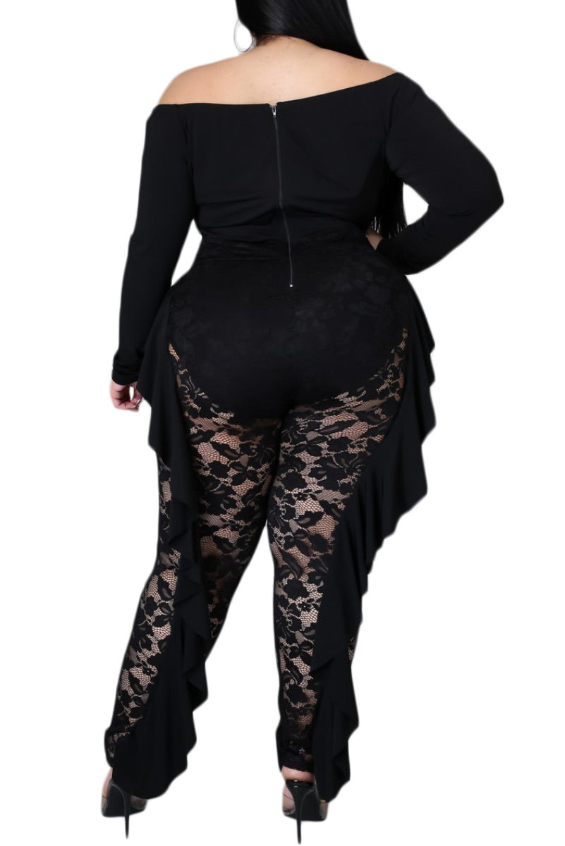 Final Sale Plus Size Long Sleeve Off The Shoulder Jumpsuit in Black Lace