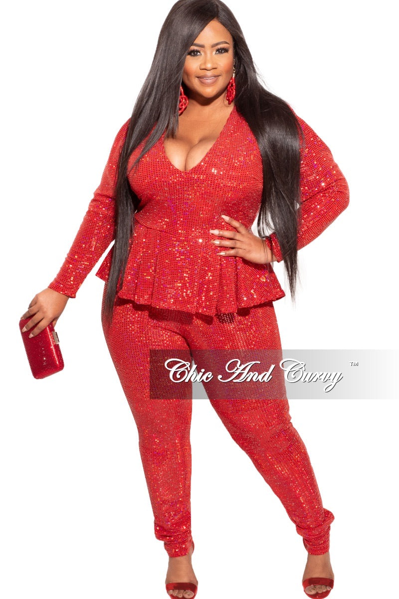 Final Sale Plus Size Deep V Faux Sequin Jumpsuit in Red – Chic And