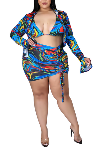 Final Sale Plus Size 3pc Set Bikini Top Poolside Playsuit with Jacket in Blue Multi-Color Print