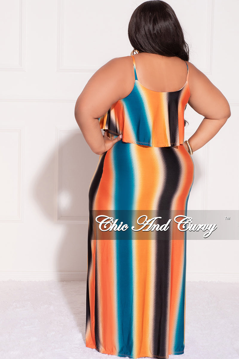 Final Sale Plus Size Maxi Dress with Spaghetti Straps & Overlay Ruffle in Orange, Black & Teal Vertical Stripes