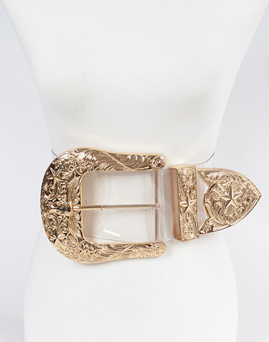 Final Sale Plus Size Oversized Clear Waist Belt with Gold Buckle