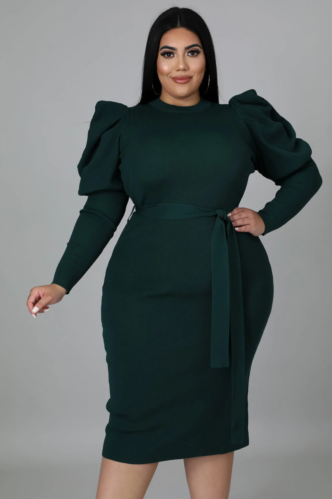 Final Sale Plus Size “Sonya Dress” - Puffy Sleeve Ribbed BodyCon Dress with Waist Tie in Hunter Green