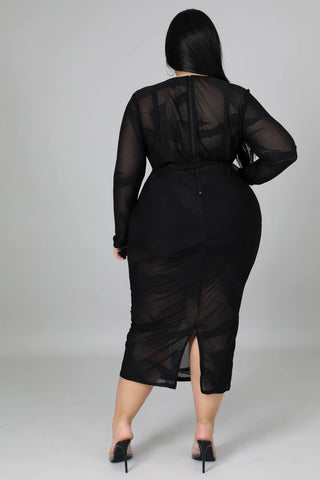 Final Sale Plus Size Sheer Midi Dress with Tie Back Slit in Black