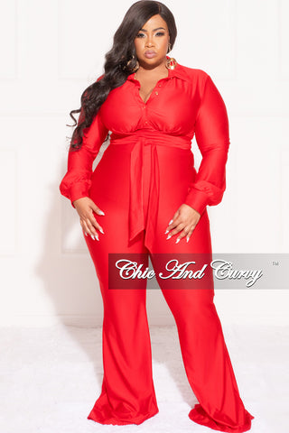 Final Sale Plus Size Shiny 2pc Collar Button Up Crop Tie Top and Bell Bottom Pants Set in Red