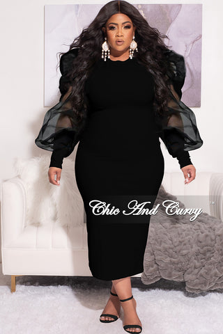 Final Sale Plus Size Sheer Organza Puffy Sleeve Bodycon Dress in Black