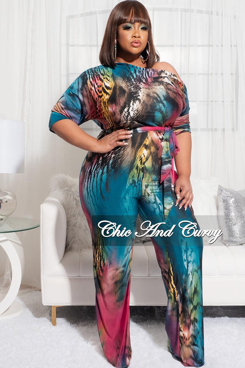 Final Sale Plus Size Off the Shoulder Jumpsuit with Tie in Multi Color Mix Animal Print