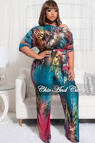 Final Sale Plus Size Off the Shoulder Jumpsuit with Tie in Multi Color Mix Animal Print