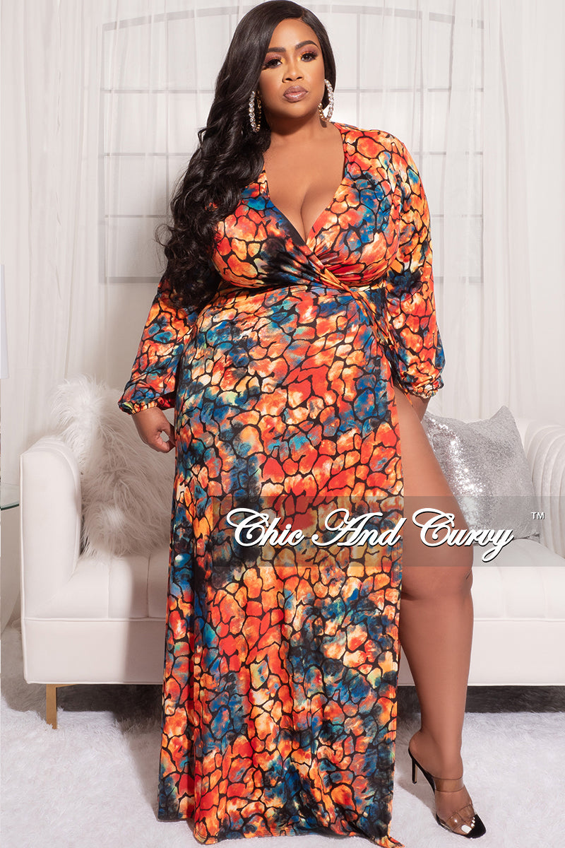 Final Sale Plus Size Faux Wrap Dress with Tie and High Slit in Multi C – Chic