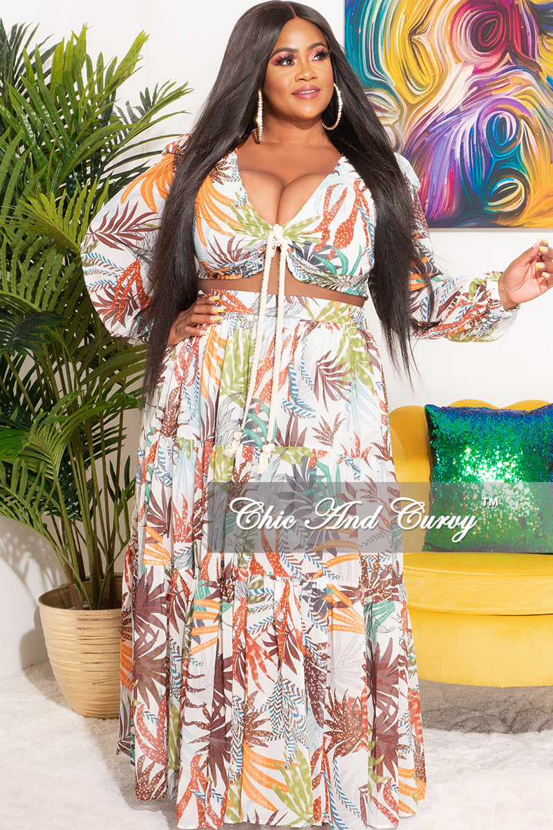 Final Sale Plus Size Chiffon 2pc Set with Rope Tie Top and Maxi Skirt in Palm Print