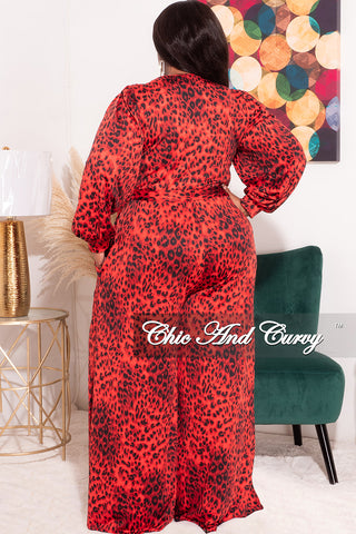 Final Sale Plus Size Faux Wrap Jumpsuit with Waist Tie in Red and Black Animal Print