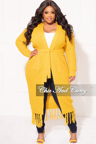 Final Sale Plus Size Fringe Knit Sweater with Faux Leather Pockets in Mustard