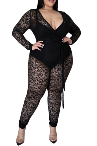 Final Sale Plus Size Long Sleeve Faux Wrap Jumpsuit with Attached Tie in Black Lace