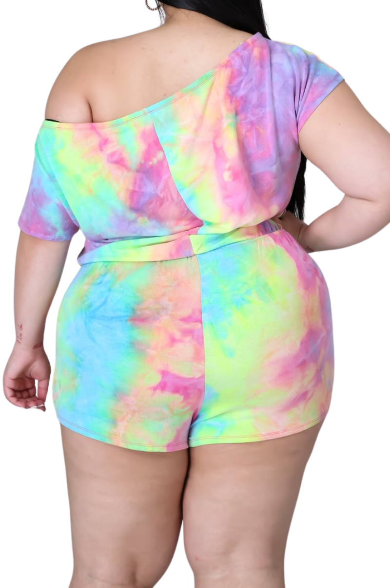 Final Sale Plus Size Romper in Rainbow Sherbet Tie Dye Print Les