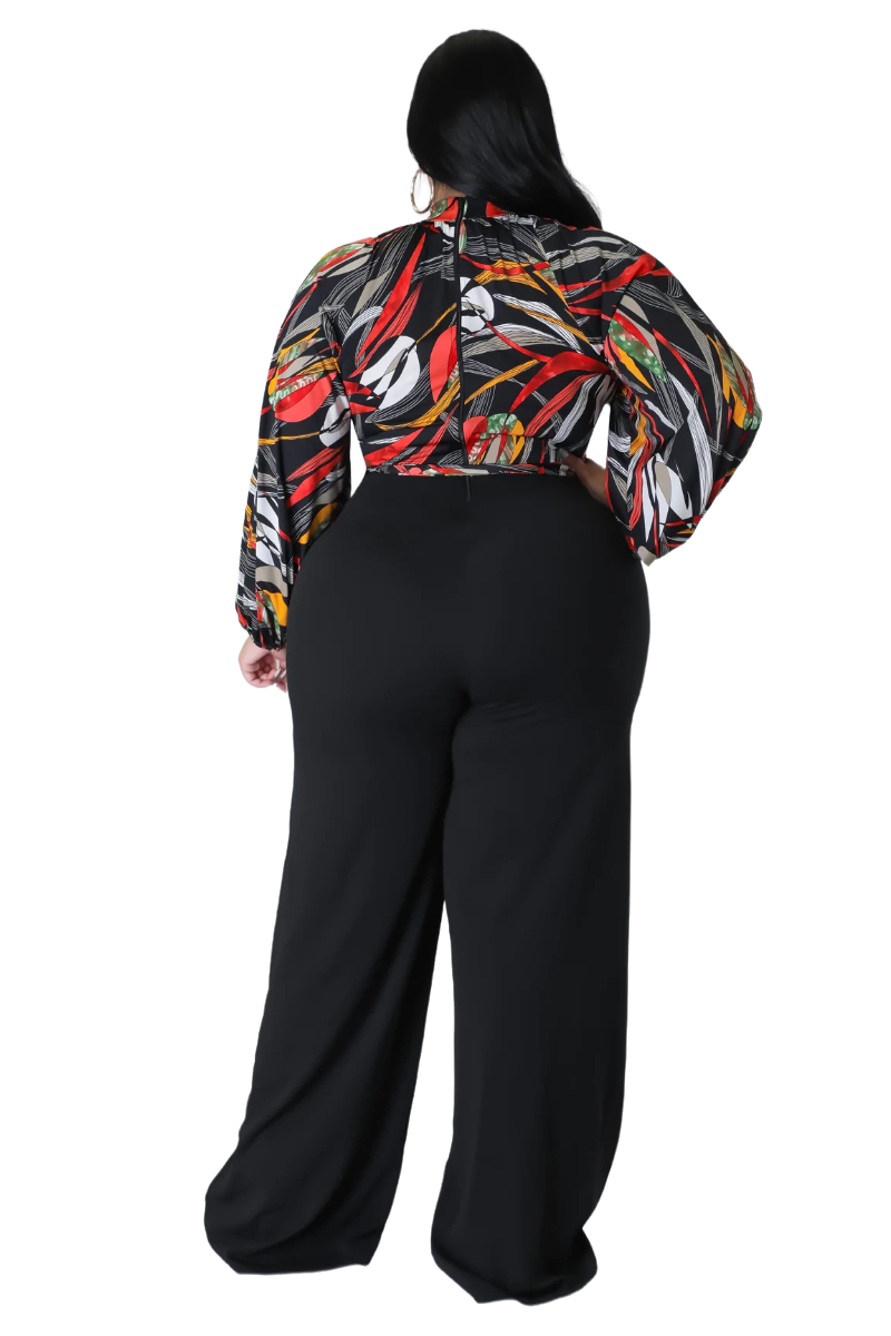 Final Sale Plus Size Colorblock Jumpsuit with Tie in Black Multi Color Leaf Print