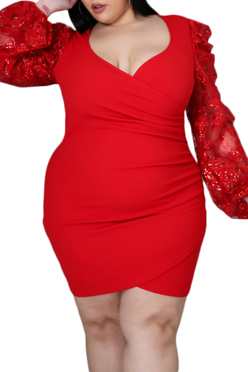 Final Sale Plus Size Mini Bodycon Dress with Organza & Sequin Sleeves in Red