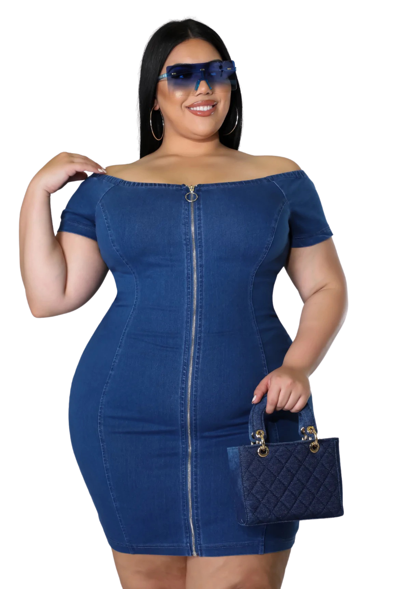 Final Sale Plus Size Off The Shoulder Denim Dress with Front Zipper - 3X 22 Final Sale Plus Size Off The Shoulder Denim Dress with Front Zipper - 3X 22