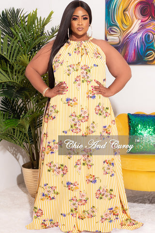 Final Sale Plus Size Long Halter Dress with Back Tie in Striped  Floral Print