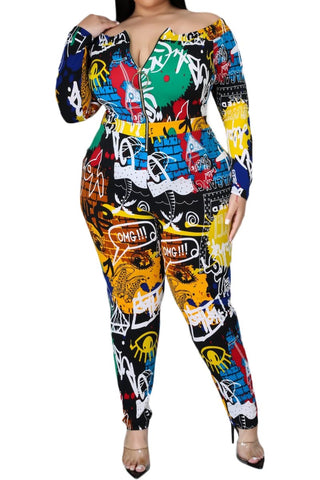 Final Sale Plus Size Off the Shoulder Jumpsuit in Black Multi-Color Graffiti Print
