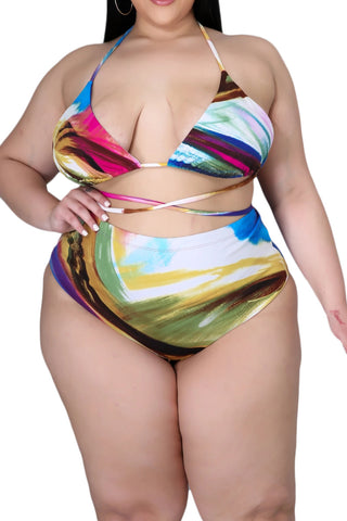 Final Sale Plus Size 3-Piece Poolside Playsuit (Bikini Top, High Waist Bottoms & Pants) Set in Abstract Paint Prints