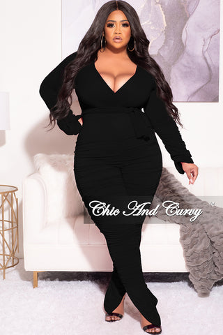Final Sale Plus Size Ruched 2pc Faux Wrap Tie Top and Pants in Black
