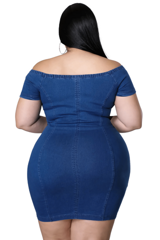 Final Sale Plus Size Off The Shoulder Denim Dress with Front Zipper