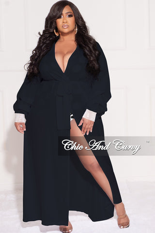 Final Sale Plus Size Sheer Chiffon Duster with Waist Tie and Rhinestone Cuff in Black